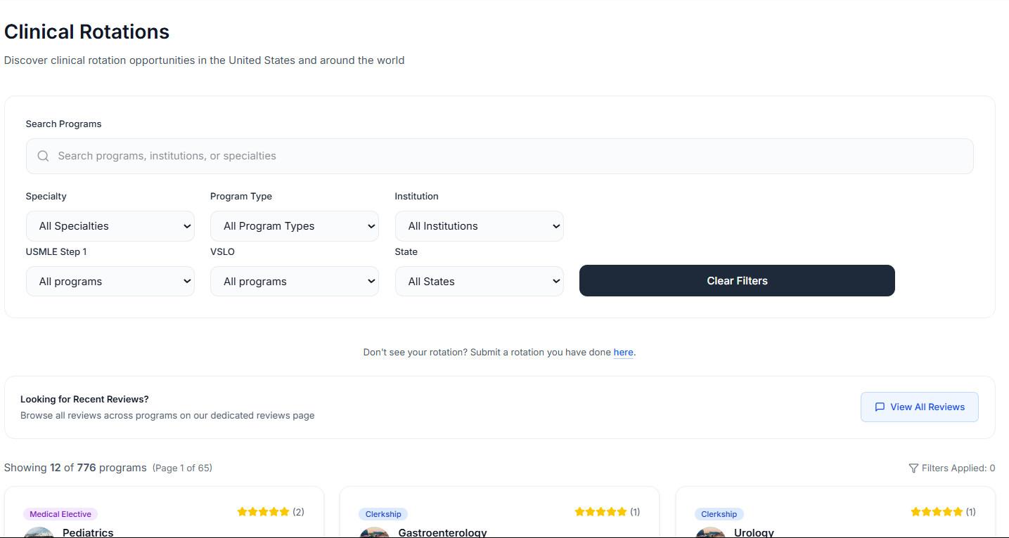 ClerkFinder com filtros por especialidade, tipo de programa e instituição