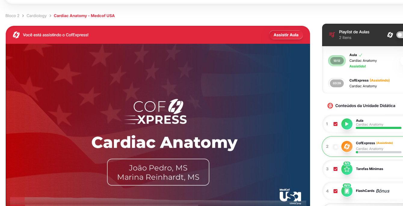 CofExpress com playlist, atividades e materiais associados à aula (Cardiac Anatomy)
